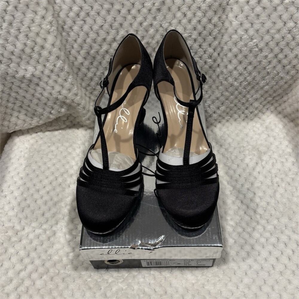 Ellie Lucille Black Satin T-Strap Heels Size 9 Dance Wedding Formal Shoes
